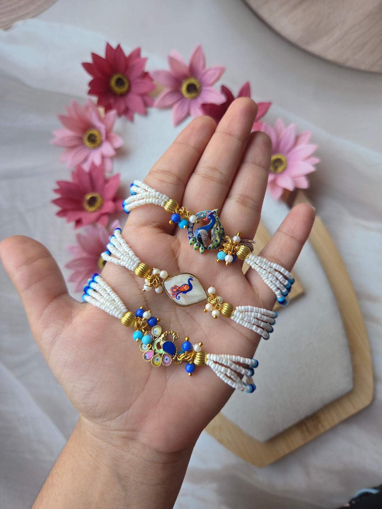 White Pearl Bracelet Elegant Peacock Rakhi Combo of 3