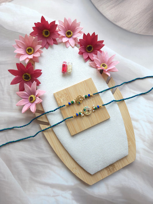 Krishna & Peacock Couple Rakhi Set with Rudraksh Bracelet