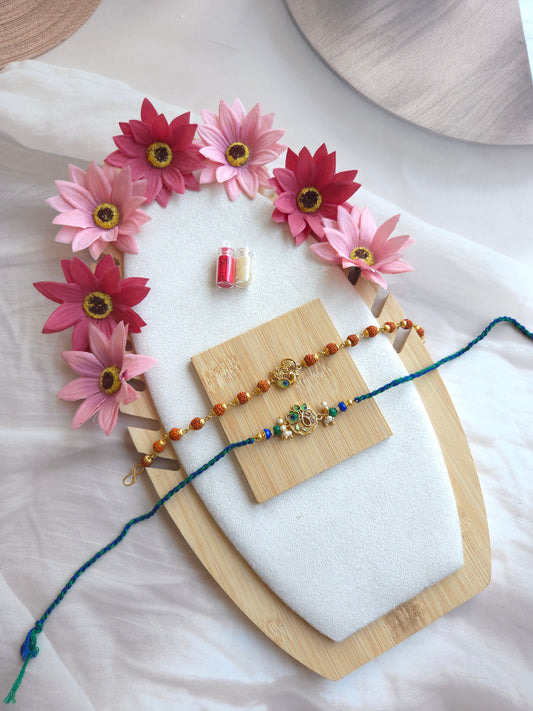 Krishna & Peacock Couple Rakhi Set with Rudraksh Bracelet