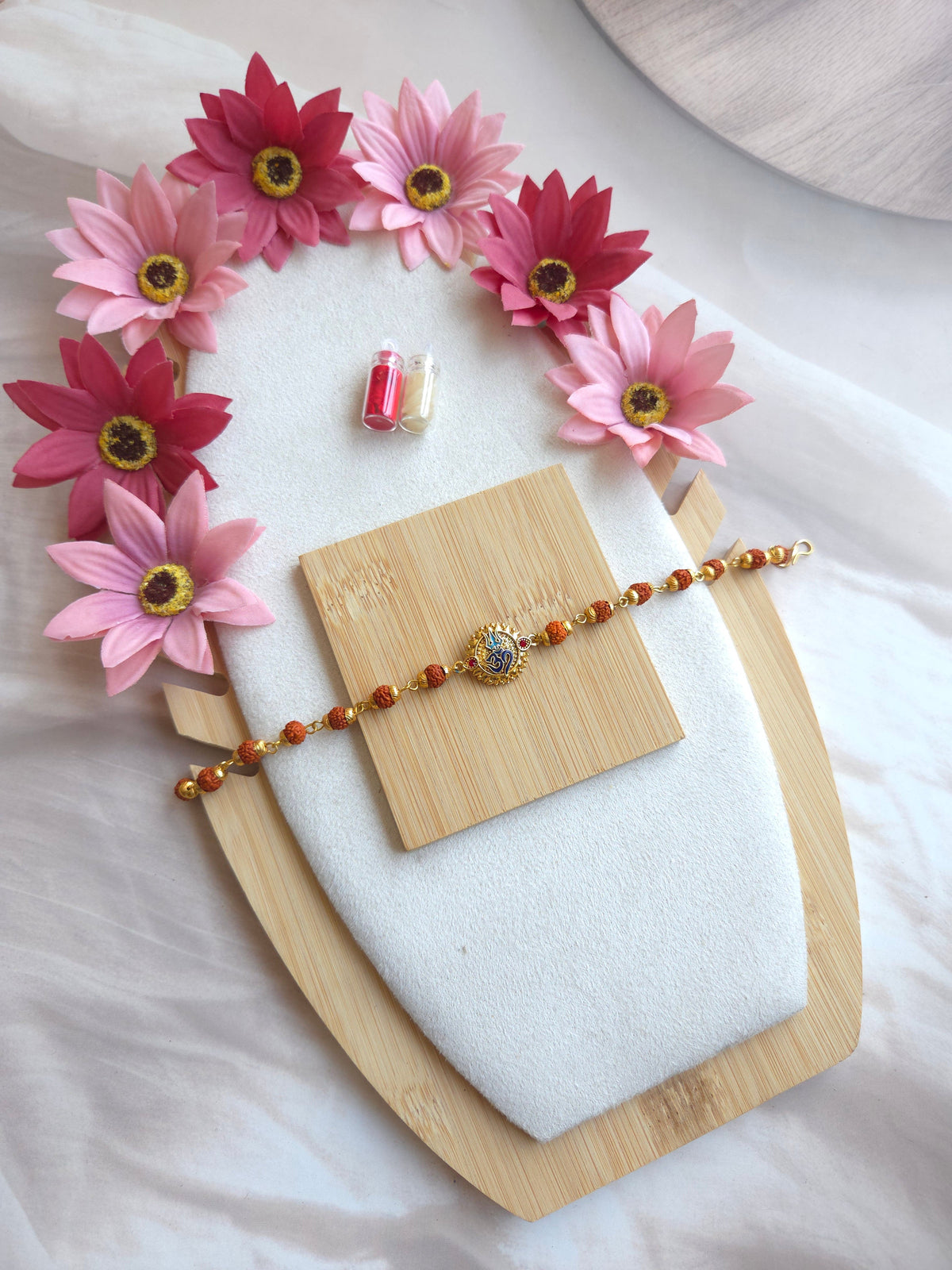 Om Trishul Bhai Bhabhi Rakhi Set with Rudraksh Bracelet for Men