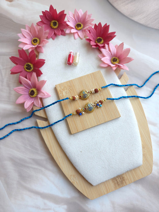 Om Trishul Bhai Bhabhi Rakhi Set with Rudraksh Bracelet for Men
