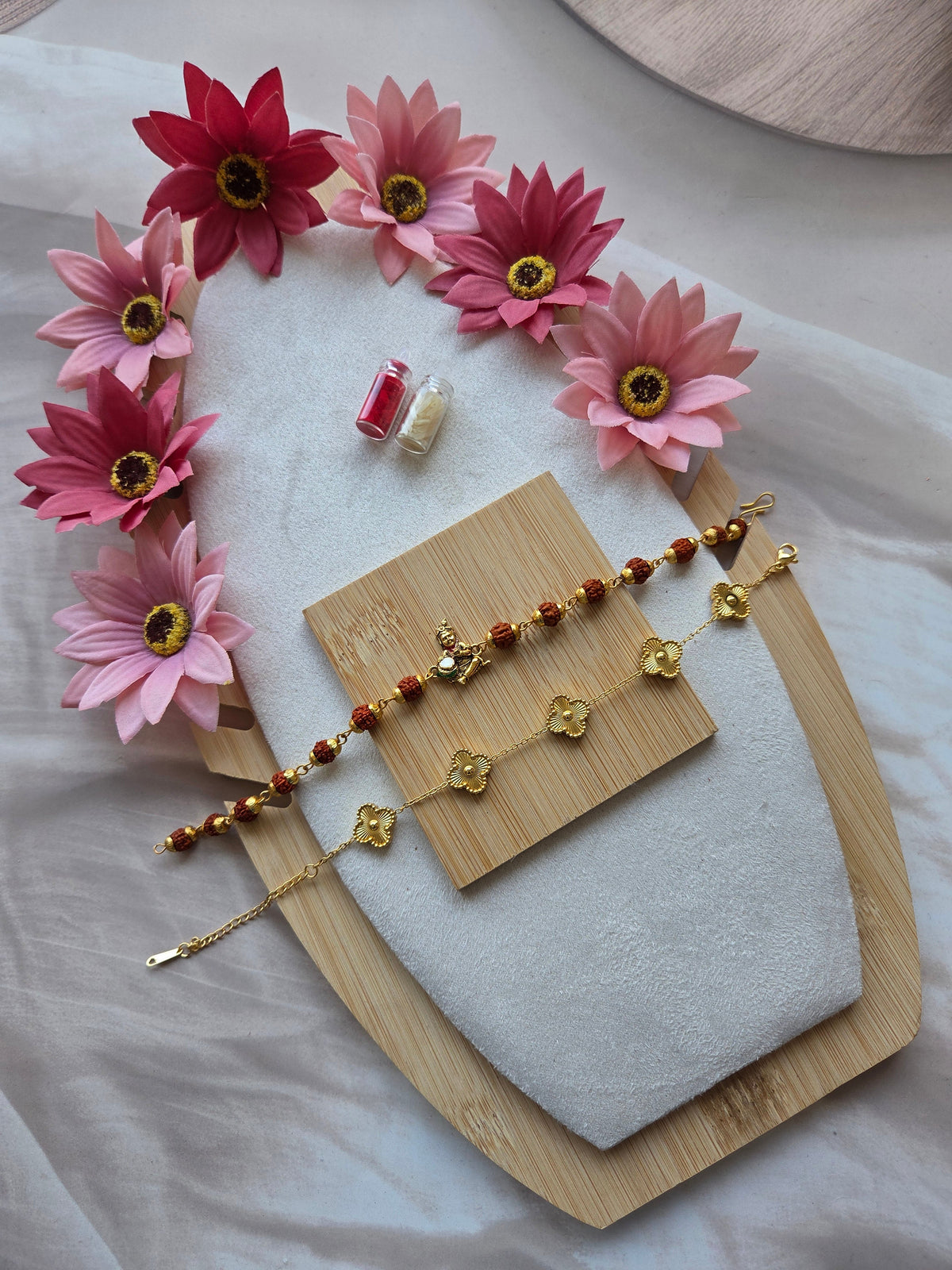 Laddu Gopal Rakhi & Golden Floral Bracelet Combo