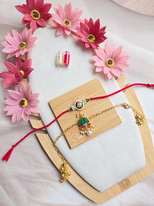 Kashmiri Lotus Couple Bracelet Pair | Premium Rakhi Bracelet Set (Red & Green)