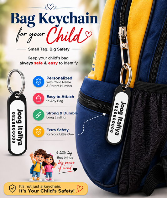 Personalized Kids Bag Keychain with Child Name & Parent Mobile Number