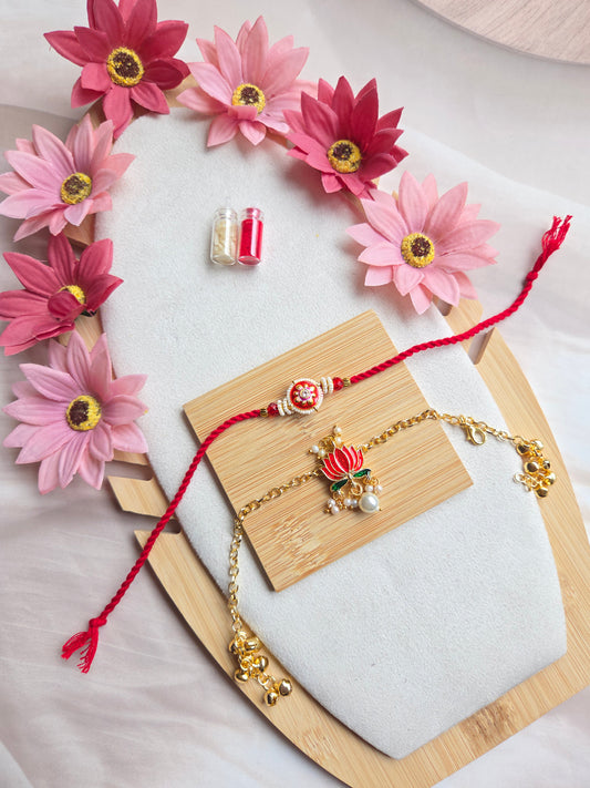 Kashmiri Lotus Couple Bracelet Pair | Premium Rakhi Bracelet Set (Red & Green)