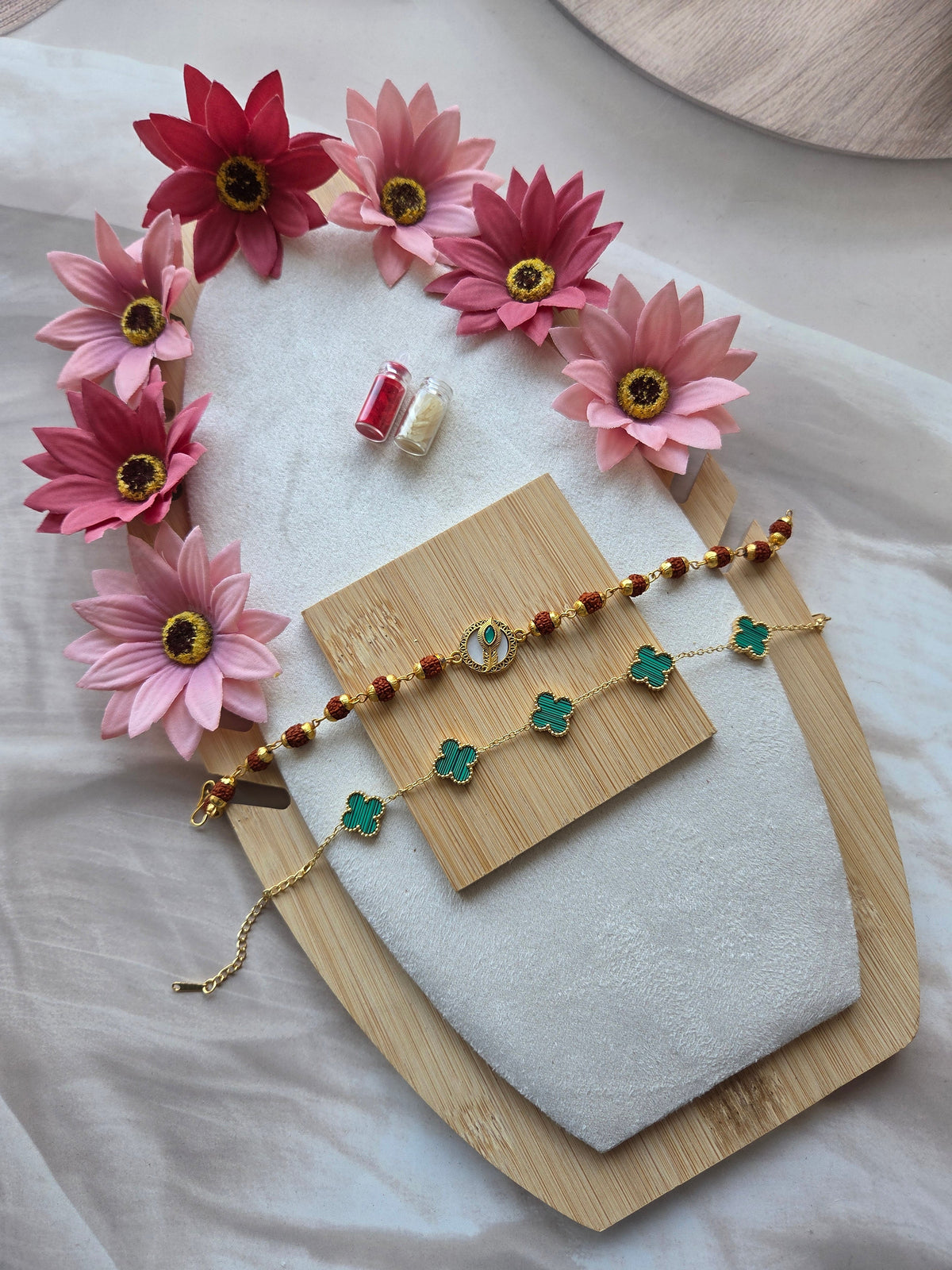 Feather Rudraksh Rakhi with Green Floral Bracelet Combo