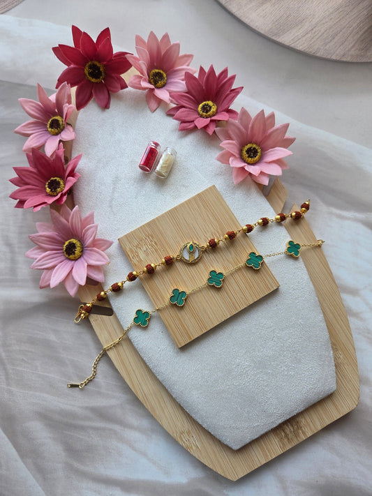 Feather Rudraksh Rakhi with Green Floral Bracelet Combo
