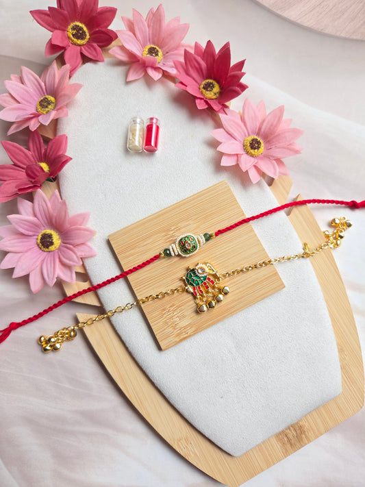 Kashmiri Elephant Couple Bracelet Pair | Premium Rakhi Bracelet Set (Red & Green)